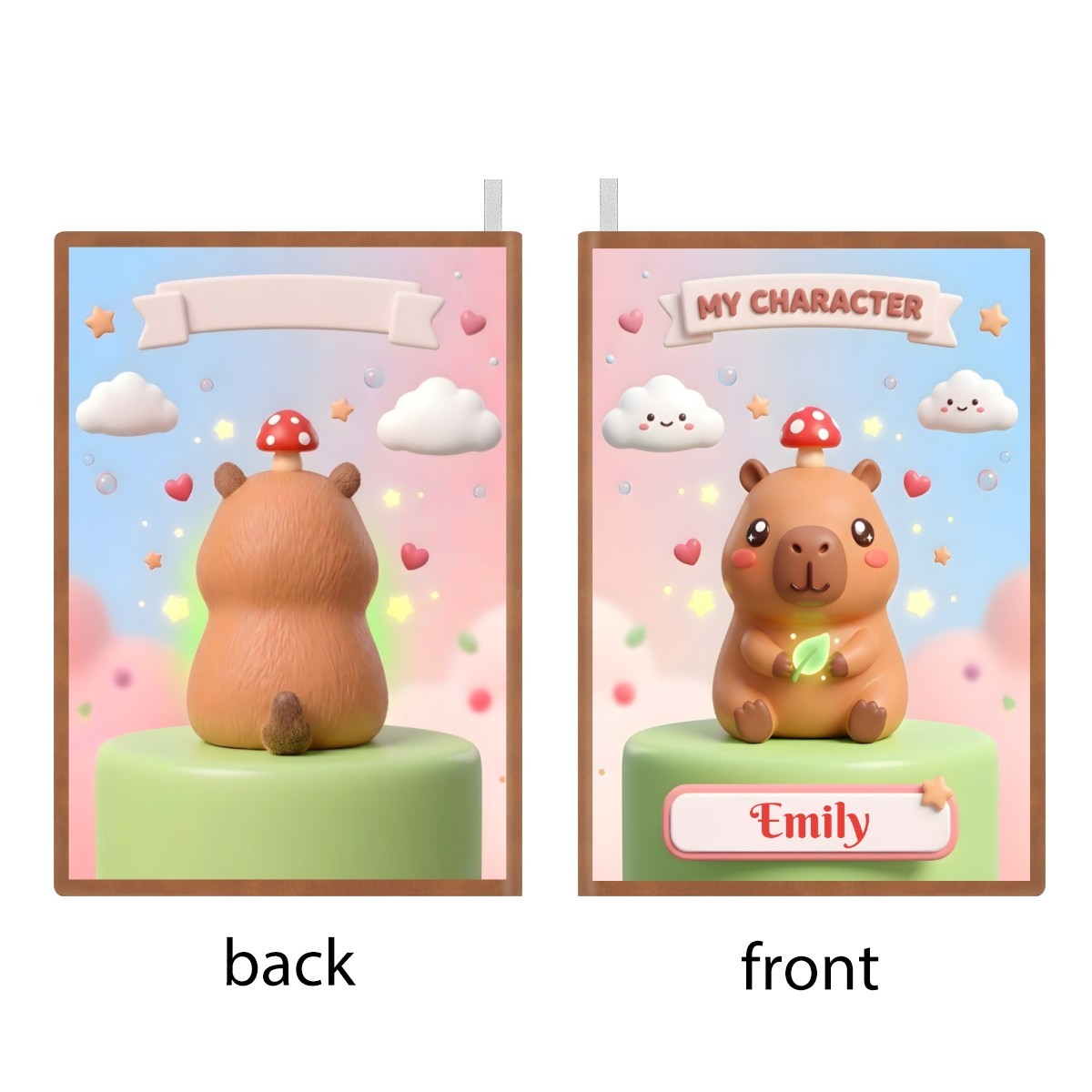 Personalized capybara notebook: back and front covers with clouds, hearts, and name label