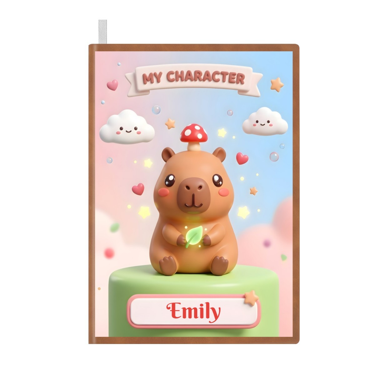 Personalized capybara notebook cover with “MY CHARACTER” banner and “Emily” name