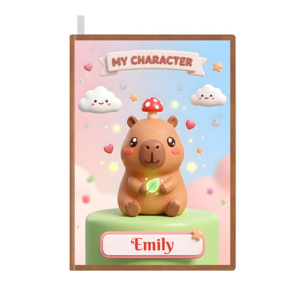 Personalized capybara notebook cover with “MY CHARACTER” banner and “Emily” name