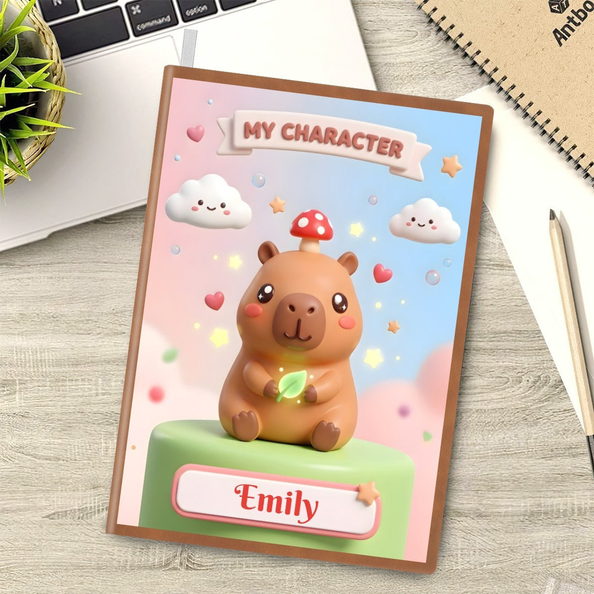 Personalized capybara A5 notebook cover with “Emily” name plaque and mushroom capybara