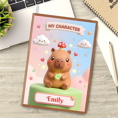 Personalized capybara A5 notebook cover with “Emily” name plaque and mushroom capybara