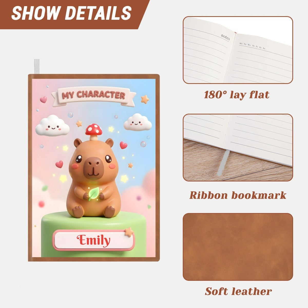 Personalized A5 notebook with capybara cover, ribbon bookmark, and soft leather exterior