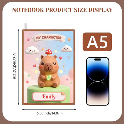 A5 personalized capybara notebook with “Emily” label and shown size 5.83 x 7.87 in
