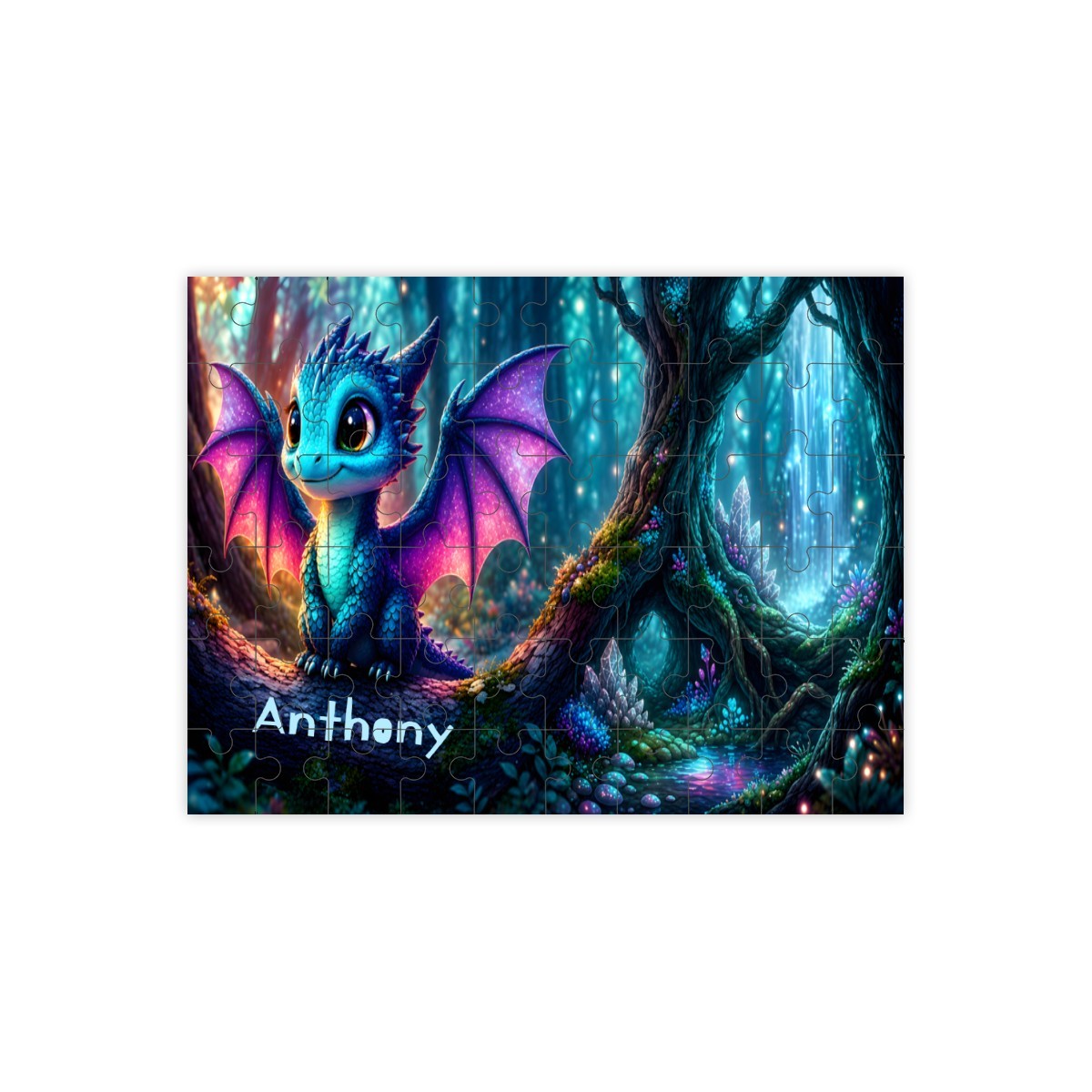 Wood jigsaw puzzle panel with blue and purple dragon character illustration