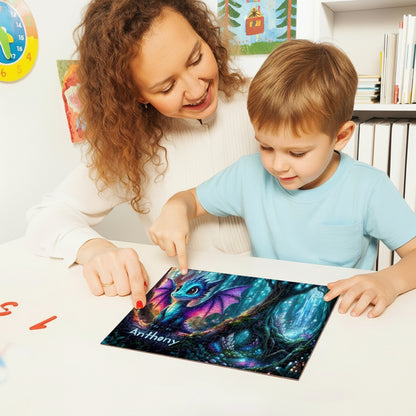 Children placing a wood jigsaw puzzle with blue and purple dragon artwork