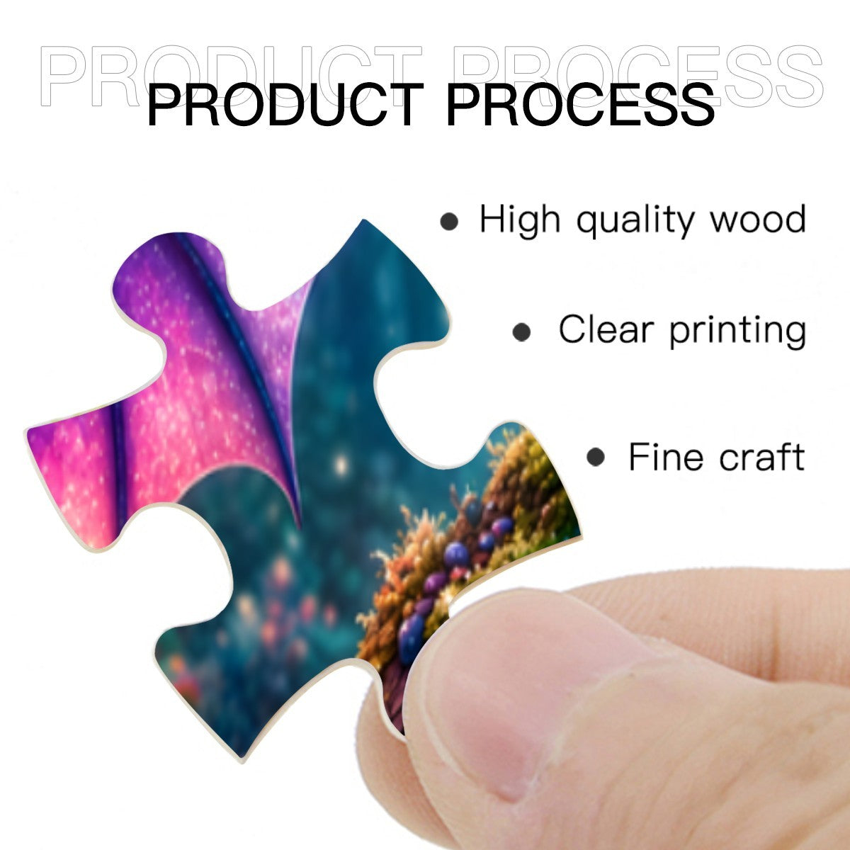 Wood jigsaw puzzle piece with galaxy blue and purple dragon artwork