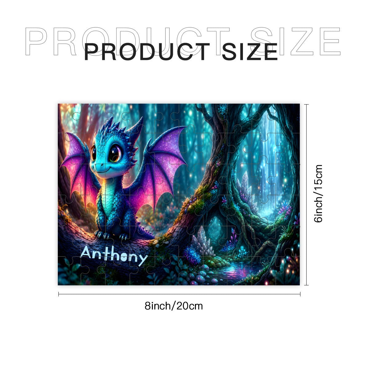 Wood jigsaw puzzle artwork with blue dragon character, size 8 in by 6 in