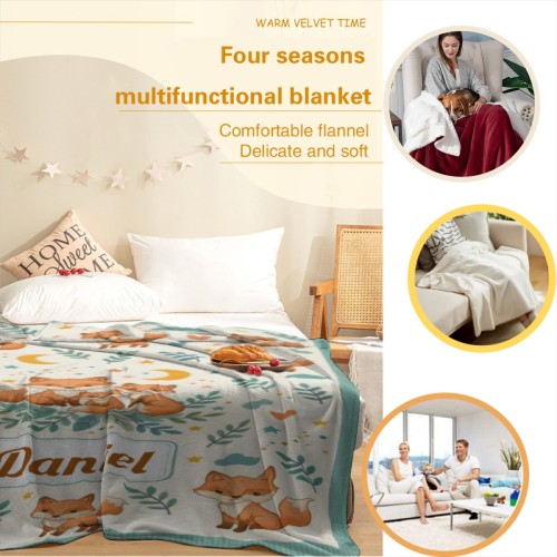 Personalized flannel fox blanket, teal-trim edge and woodland fox pattern with name Daniel.