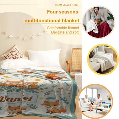 Personalized flannel fox blanket, teal-trim edge and woodland fox pattern with name Daniel.