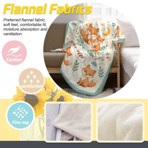 Personalized fox blanket with teal border, woodland foxes, leaves, stars, and name area.