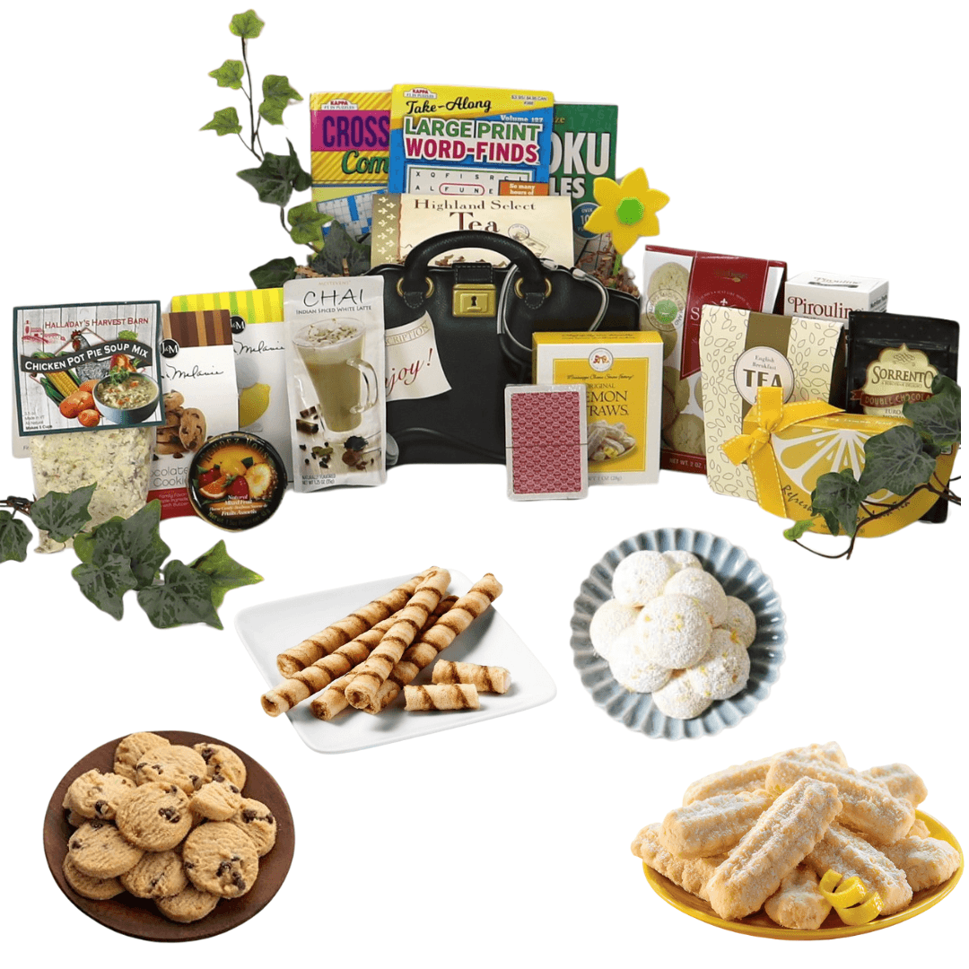 Care package gift basket with snacks, tea, cookies and a black tote bag