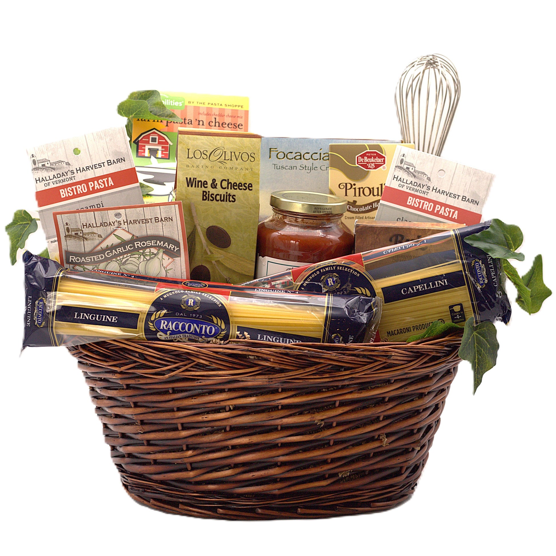 Wicker gift basket with pasta, wine & cheese biscuits, focaccia crisps, and sauce jar