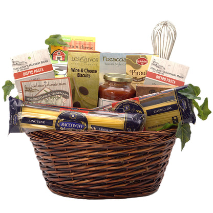Wicker gift basket with pasta, wine & cheese biscuits, focaccia crisps, and sauce jar