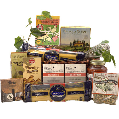 Italian gift basket with pasta, crackers, biscotti, cheese, and roasted garlic spread