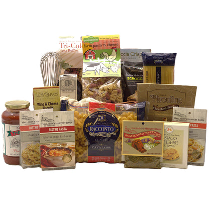 Italian gift basket in wicker with assorted pasta, cheese and cracker packages