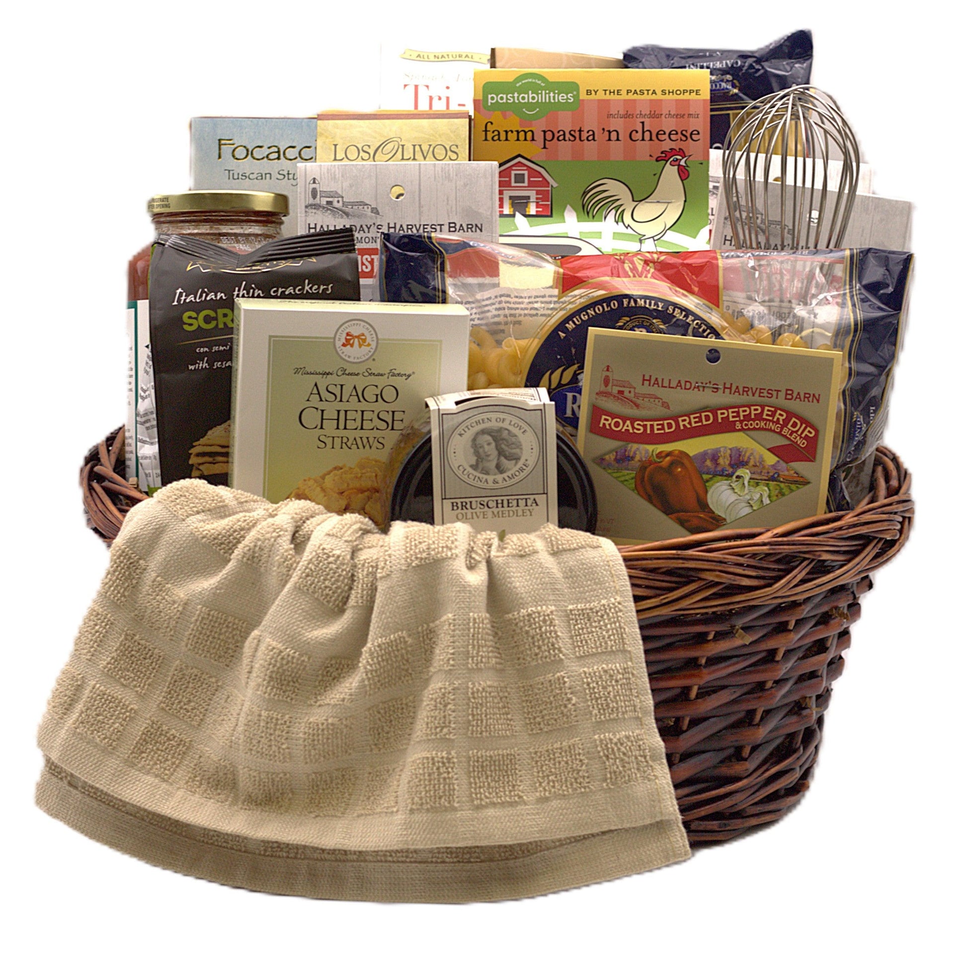 Italian gift basket in wicker with cream cloth pouch and assorted snack packages
