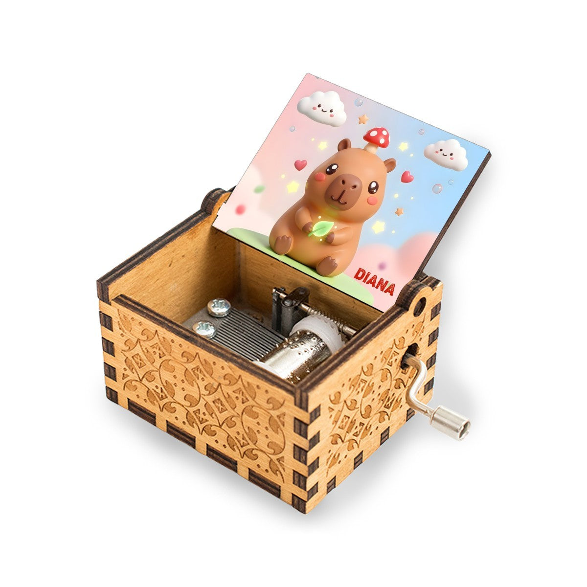 Wooden music box with capybara character on a colorful lid