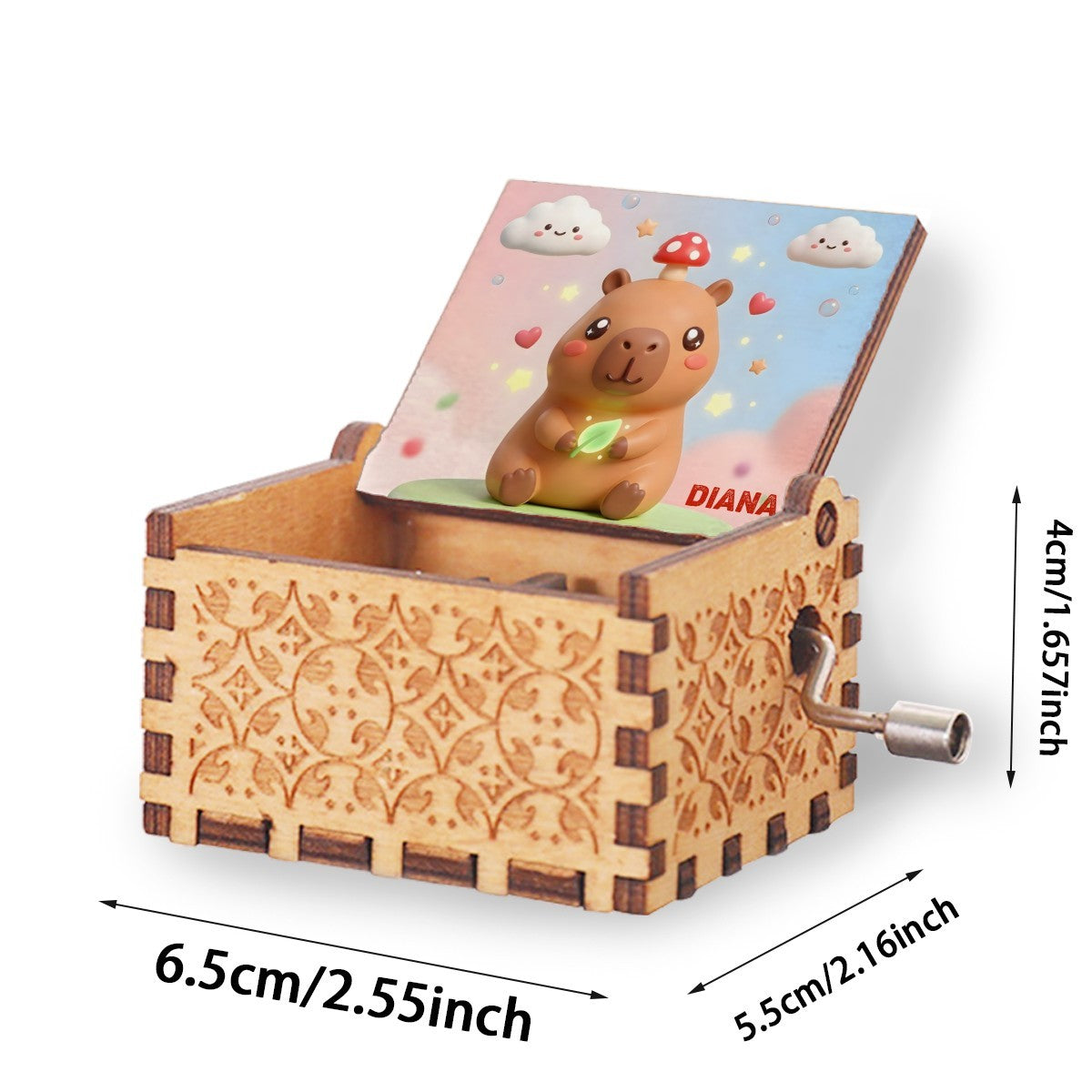Wooden music box with capybara character lid, crank handle, and 'DIANA' label