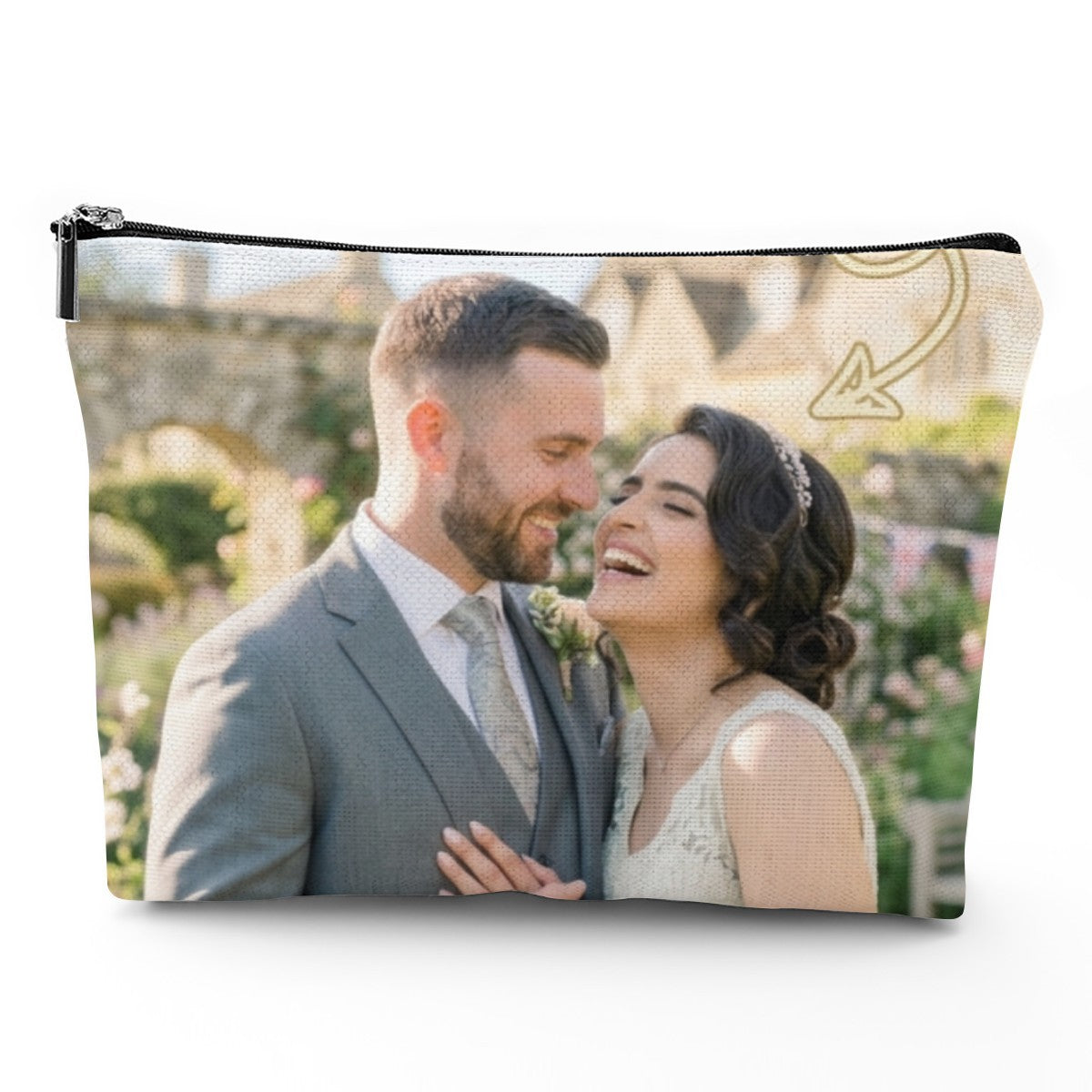 White fabric makeup pouch with black zipper and couple photo print