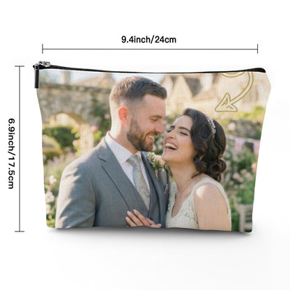White makeup pouch with black zipper and couple photo print, front view