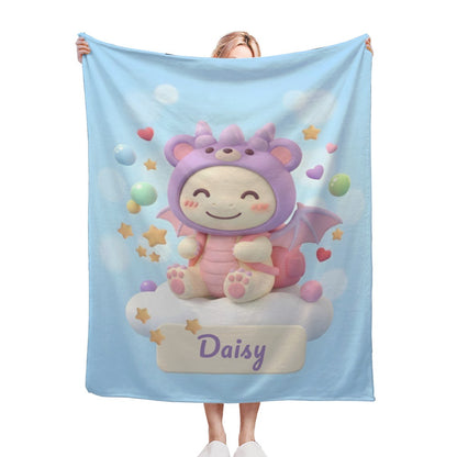 Light blue character blanket with cute purple hedgehog and “Daisy” label