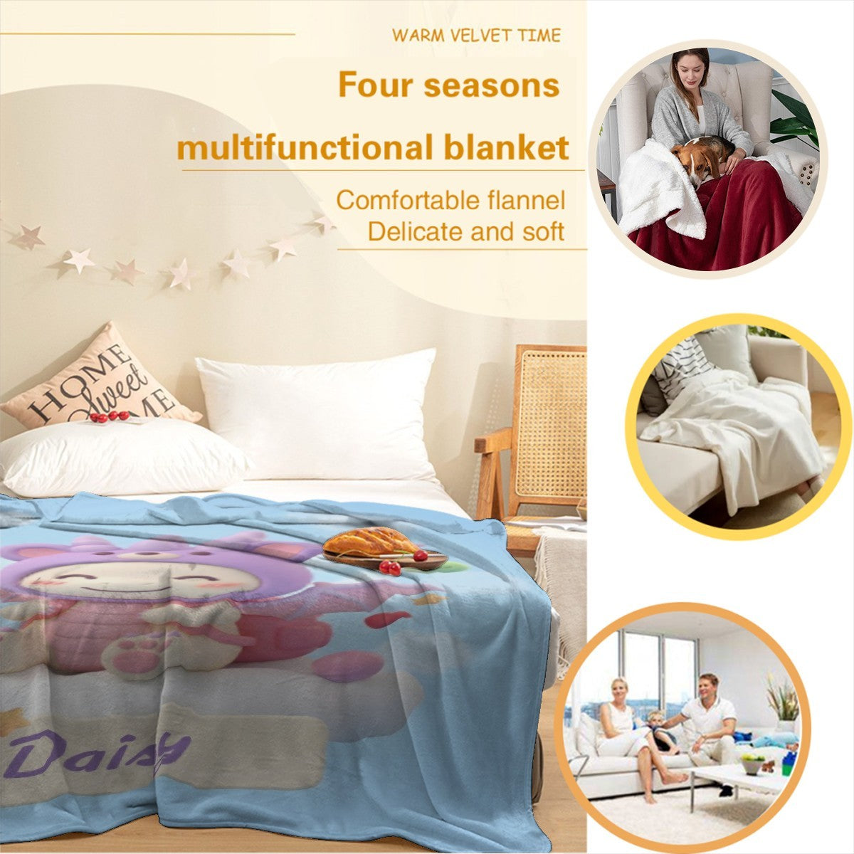 Light blue flannel-style blanket with character print and “Daisy”