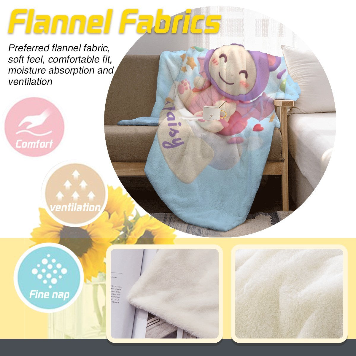 Light blue character blanket with “Daisy” text and soft plush face graphic