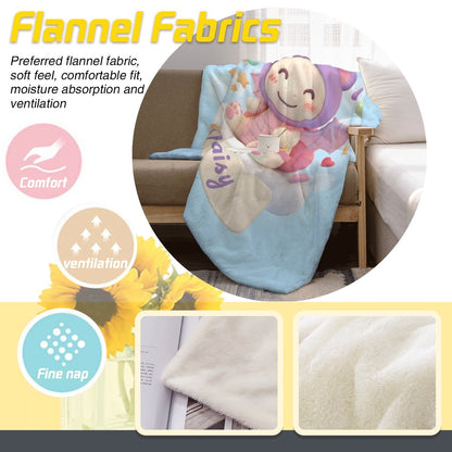 Light blue character blanket with “Daisy” text and soft plush face graphic