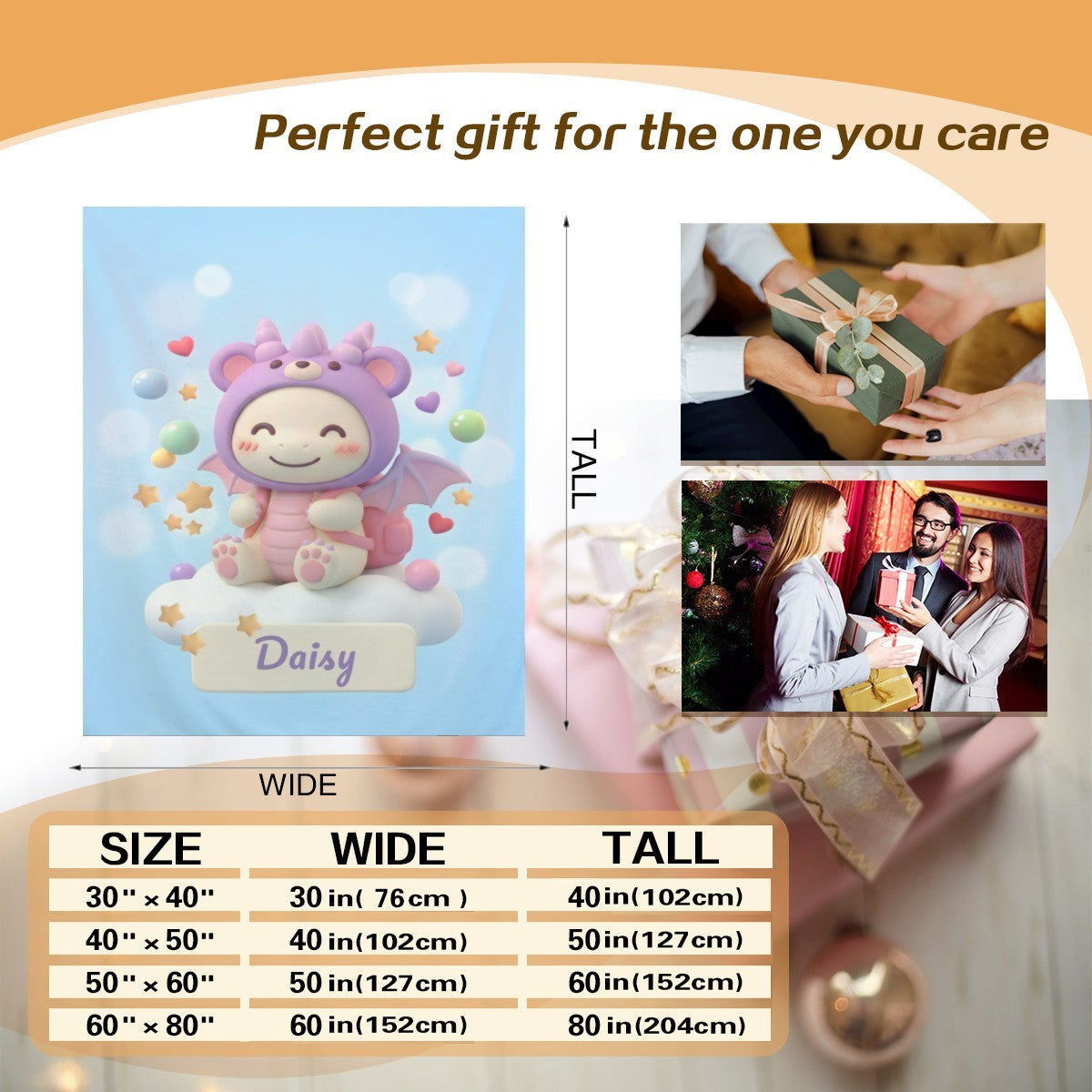 Light blue character blanket panel with “Daisy” and size chart graphic
