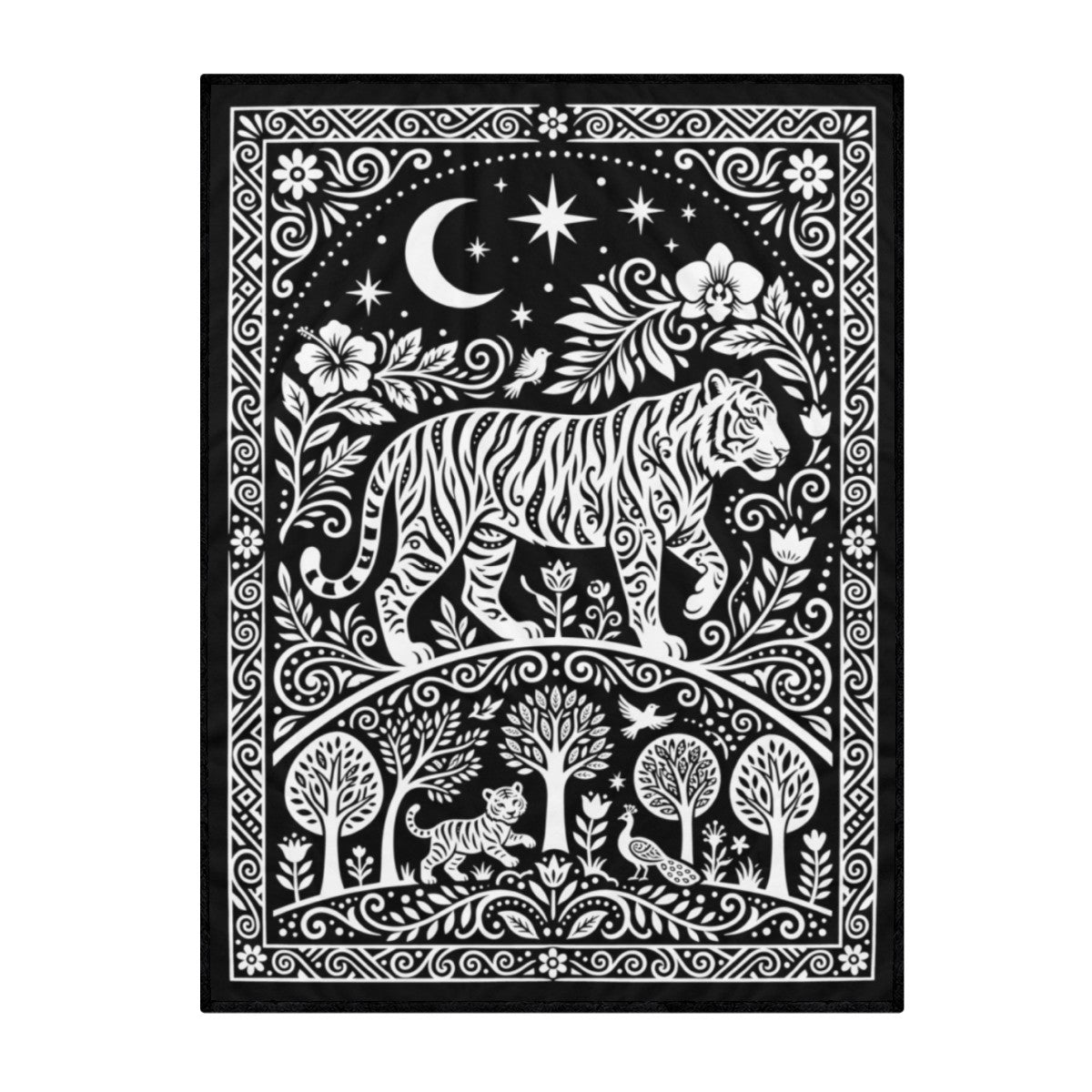 Black and white tiger doodle coloring blanket canvas with floral border