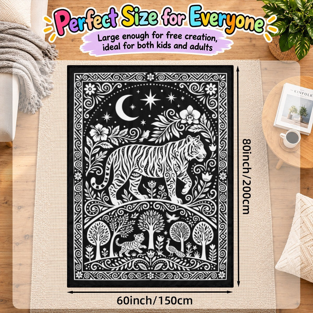 Coloring blanket with black-and-white tiger artwork and decorative border