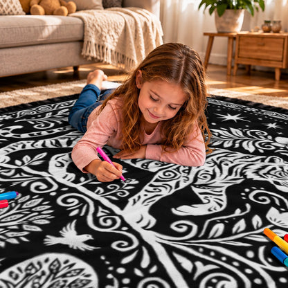 Black and white tiger doodle coloring blanket on floor with a child coloring