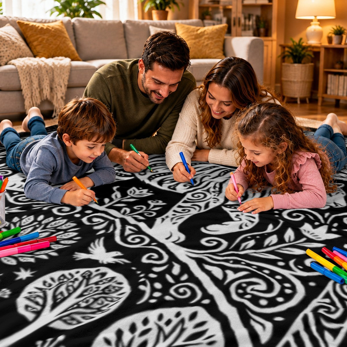 Family coloring a black-and-white tiger doodle blanket with fabric markers