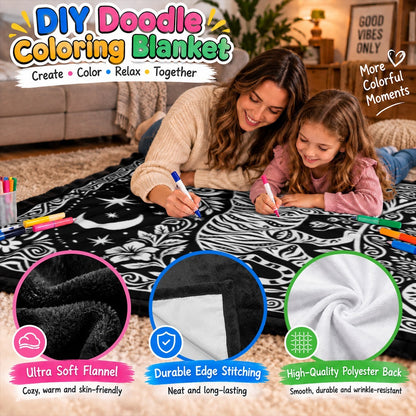 Mother and child coloring a black tiger doodle blanket with fabric markers