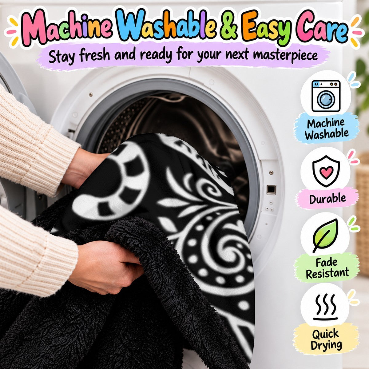 Black tiger doodle coloring blanket being placed into a washing machine