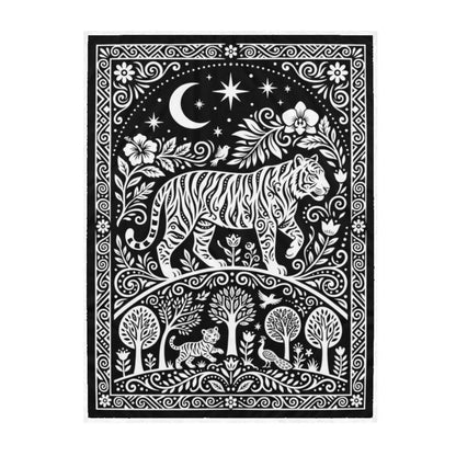 Black-and-white tiger coloring design on a fabric blanket with stars and plants