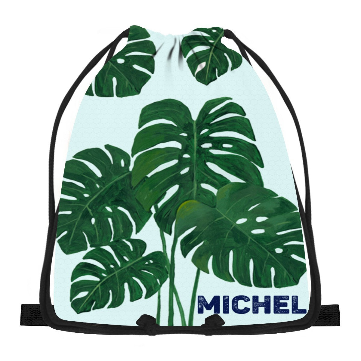 Green monstera leaf drawstring bag with black cords and personalized MICHEL name panel