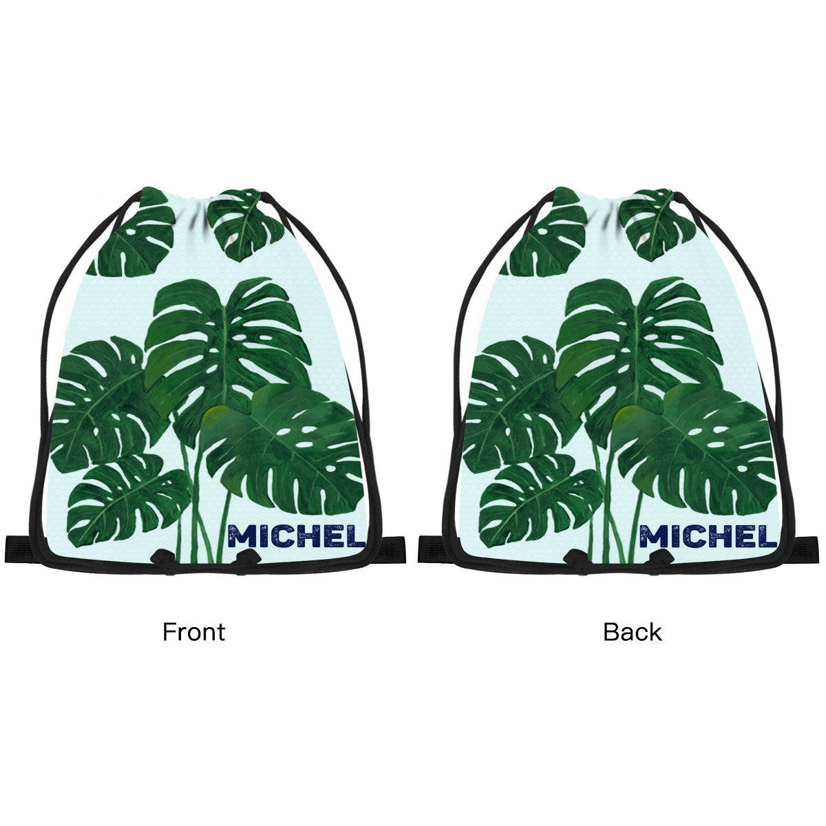 Drawstring bag front and back views, green leaf print with MICHEL name