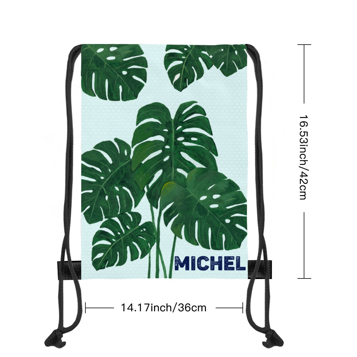 Monstera leaf drawstring bag with MICHEL name; size 14.17x16.54in shown