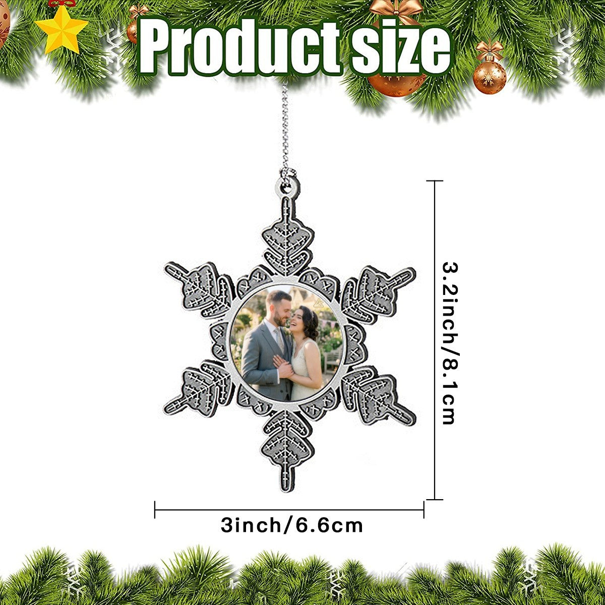 Star-shaped photo ornament hanging from a silver chain, with a circular couple photo.