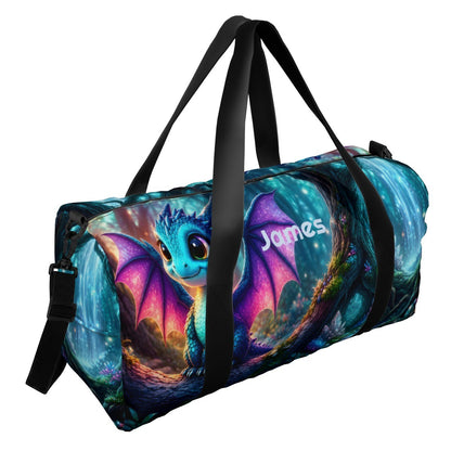 Black-handled duffel bag with colorful dragon space print and shoulder strap