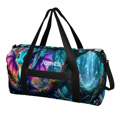 Duffel bag with black straps and colorful dragon space print, side zipper pocket