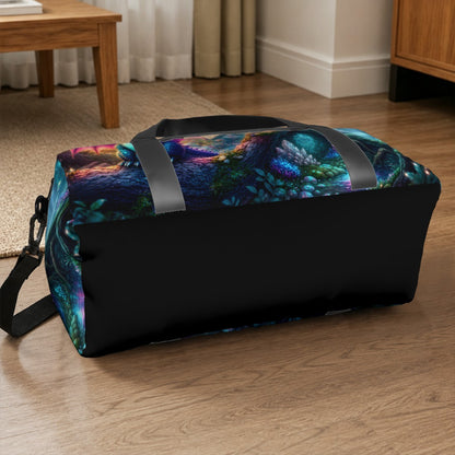 Black-bottom duffel bag with colorful dragon space print and wide carry handles