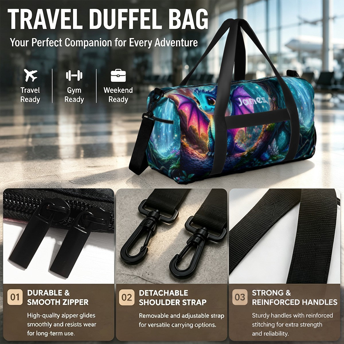 Duffel bag with colorful dragon space print and black reinforced handles