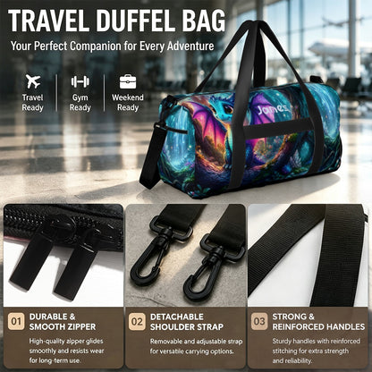 Duffel bag with colorful dragon space print and black reinforced handles