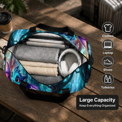 Open duffel bag with colorful dragon space print and folded clothes inside