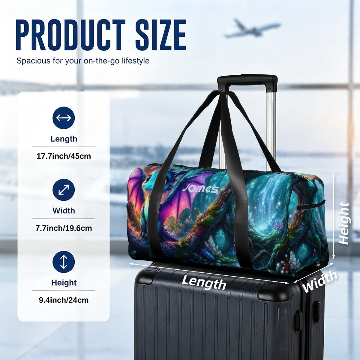 Colorful dragon space duffel bag with black straps on rolling suitcase