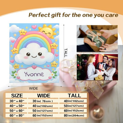 Personalized Rainbow Cloud Blanket | Custom Name | Colorful Kawaii Sky Flannel Throw Gift