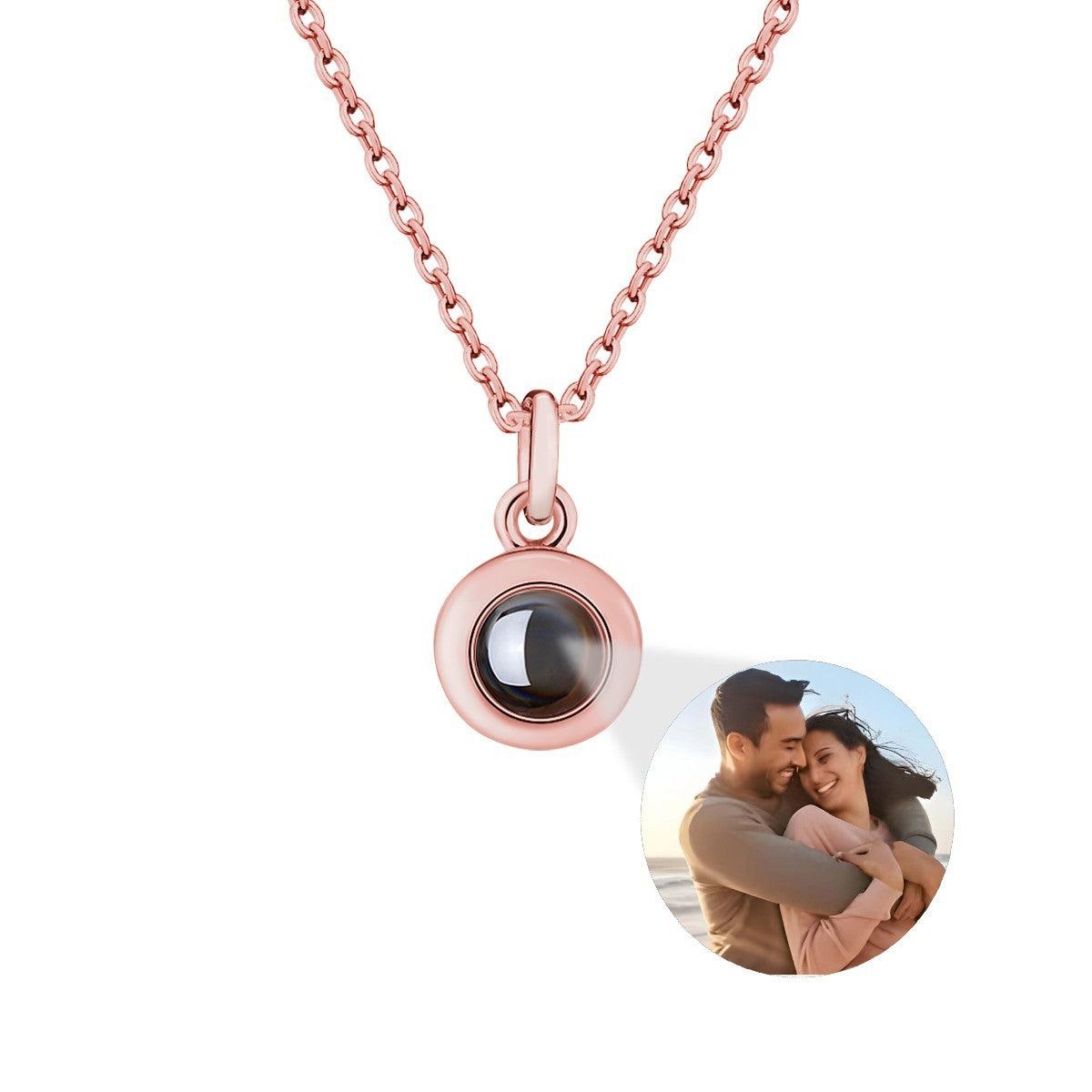 Rose gold photo projection necklace with round locket pendant and chain