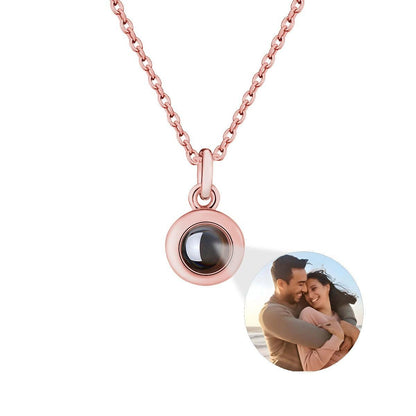 Rose gold photo projection necklace with round locket pendant and chain